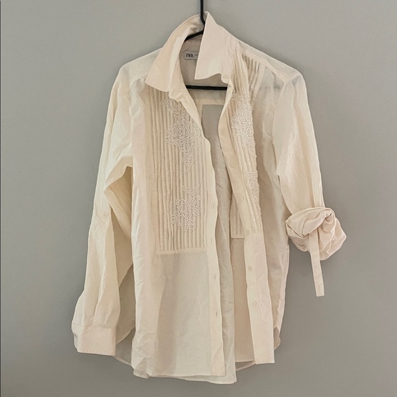 Zara Tops - Zara Cream Long sleeve‎ Blouse with Pearl Embroidery | Size L